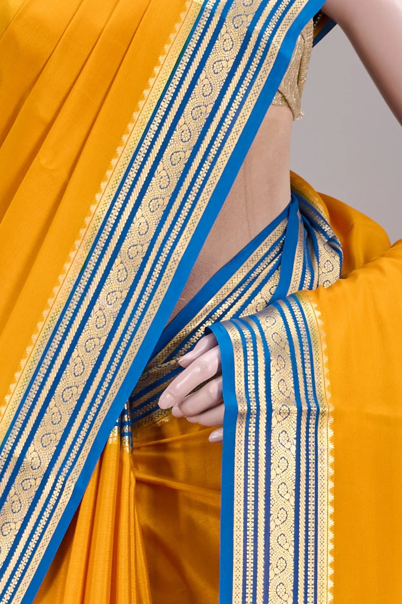 Vellotis Mustard Yellow Silk Saree with Royal Blue Border & Zari Work – Festive & Traditional Wear