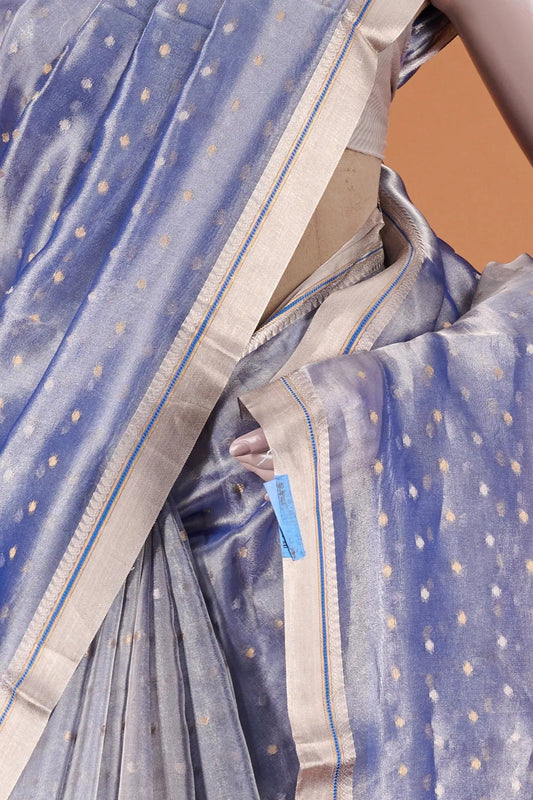 Vellotis Sky Blue Tissue Silk Saree with Polka Dot Weave – Elegant Festive & Party Wear
