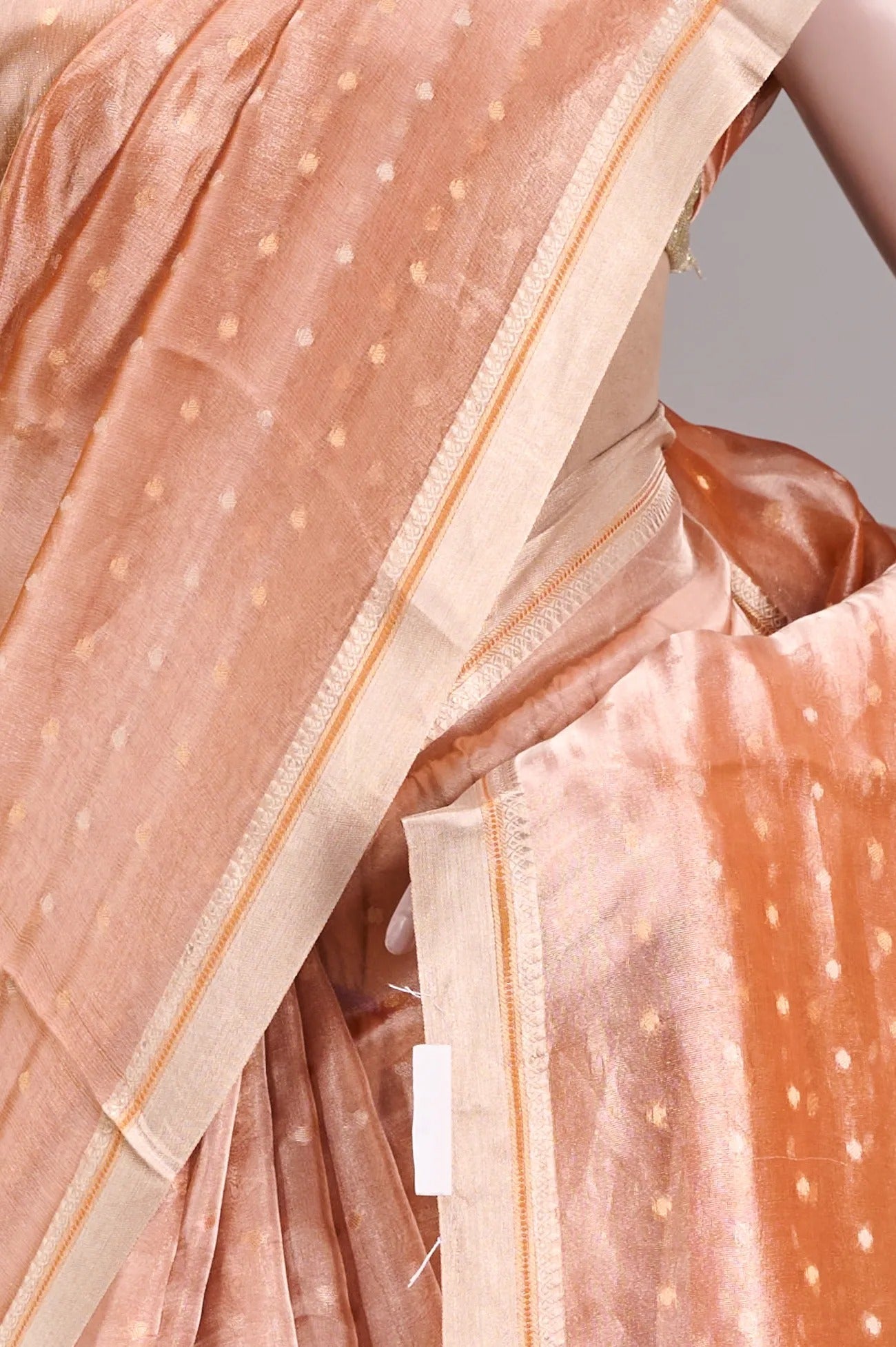 Vellotis Peach Tissue Silk Saree with Polka Dot Weave – Elegant Festive & Party Wear