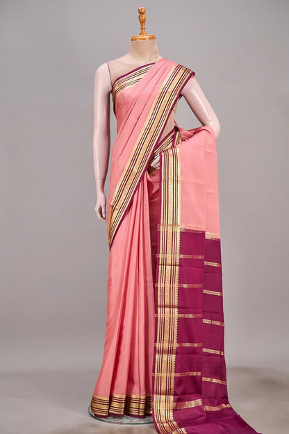 Vellotis Peach Pink Silk Saree with Wine Border & Zari Work – Festive & Traditional Wear