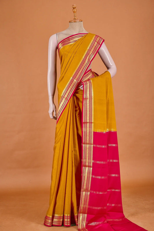 Vellotis Mustard Yellow Silk Saree with Pink Border & Zari Work – Festive & Traditional Wear