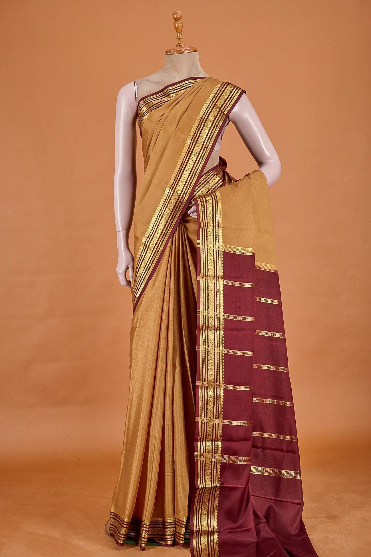 Vellotis Beige Gold Silk Saree with Maroon Border & Zari Work – Festive & Traditional Wear