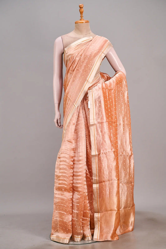 Vellotis Peach Tissue Silk Saree with Polka Dot Weave – Elegant Festive & Party Wear