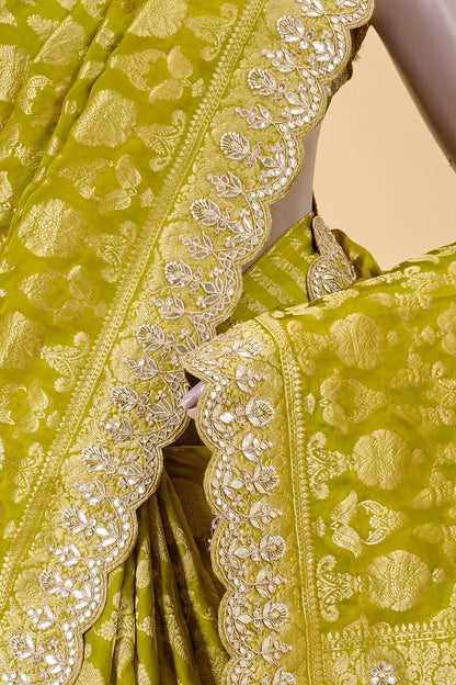 Vellotis Lime Green Banarasi Silk Saree with Rich Zari Work – Festive & Wedding Wear