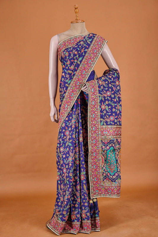 Vellotis Royal Purple Multicolor Printed Silk Saree with Heavy Designer Border – Festive & Party Wear