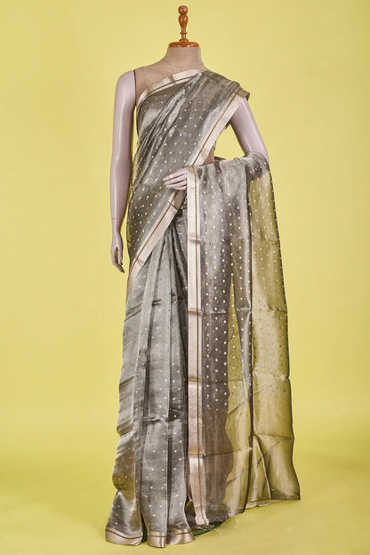 Vellotis Metallic Grey Tissue Silk Saree with Polka Dot Weave – Elegant Festive & Party Wear