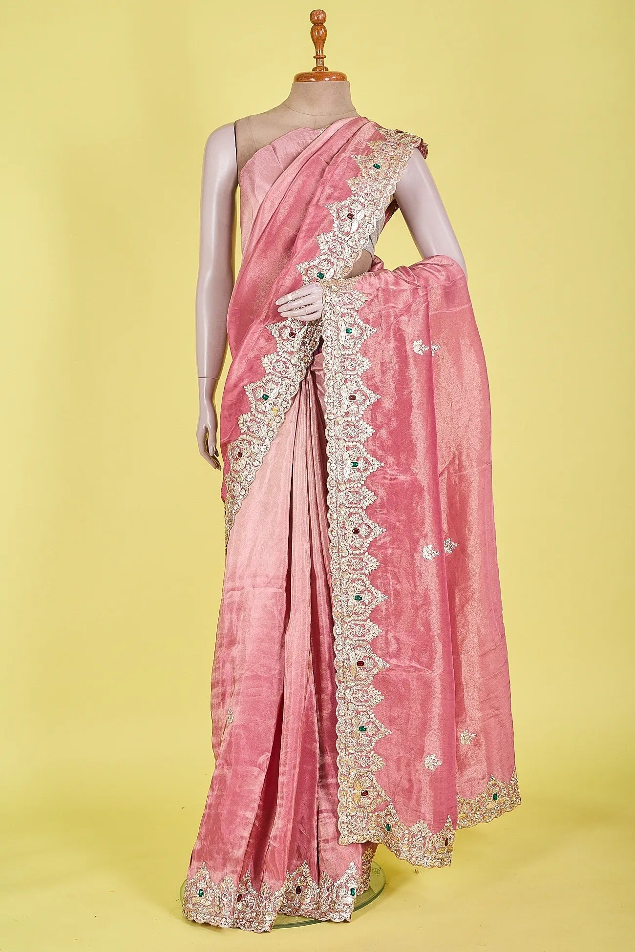 Vellotis Blush Pink Silk Saree with Heavy Embroidered Border – Wedding & Designer Wear